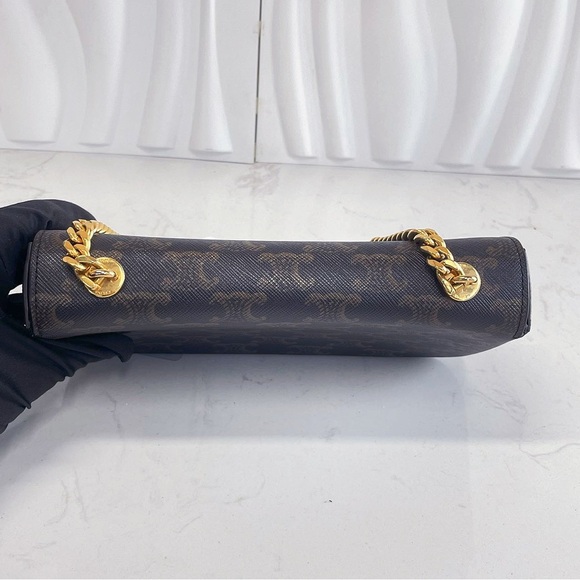 CELINE Triomphe Monogram Canvas Calfskin Leather Shoulder Bag - Picture 3 of 12